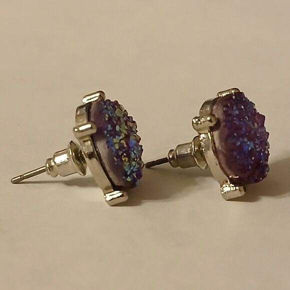 Iridescent Purple Shiny Faux Druzy Crystal Jewel Stud Earrings - Picture 6 of 8